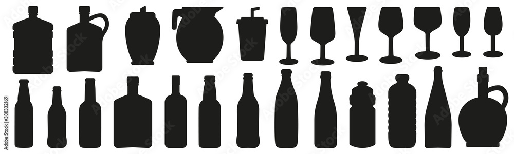 Glass, beverage and bottle silhouettes icons set vector illustration Glass, beverage and bottle silhouettes icons set vector illustration