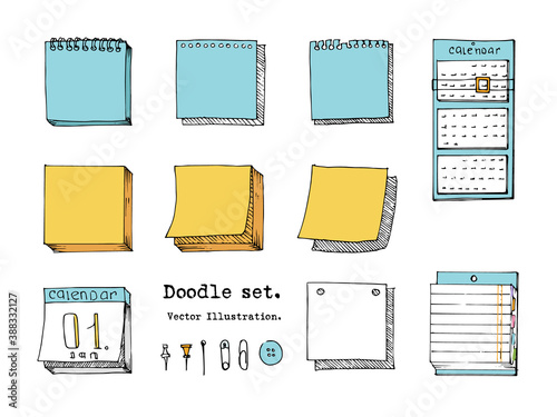 Hand drawn doodle vector set of sticky note, paper sheet, pack of paper, calendar, notepad page with pin, binder.  Cartoon style illustration. Collection of doodle icons . Sketch School 