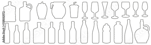 Glass, beverage and bottle outline icons set vector illustration