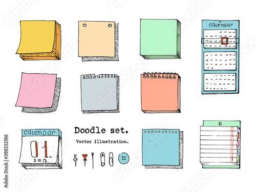 Hand drawn doodle vector set of sticky note, paper sheet, pack of paper, memo, calendar, notepad page with pin, binder.  Cartoon style illustration. Collection of doodle icons . Sketch School 