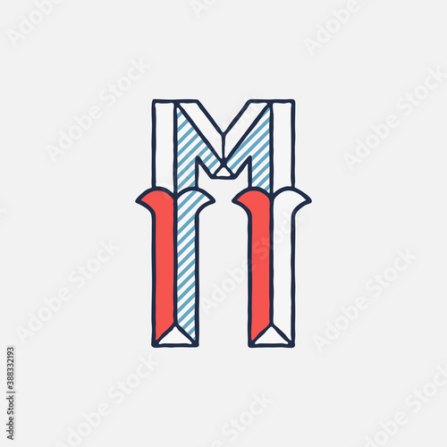 Vector condensed retro M letter logo with striped shadows.