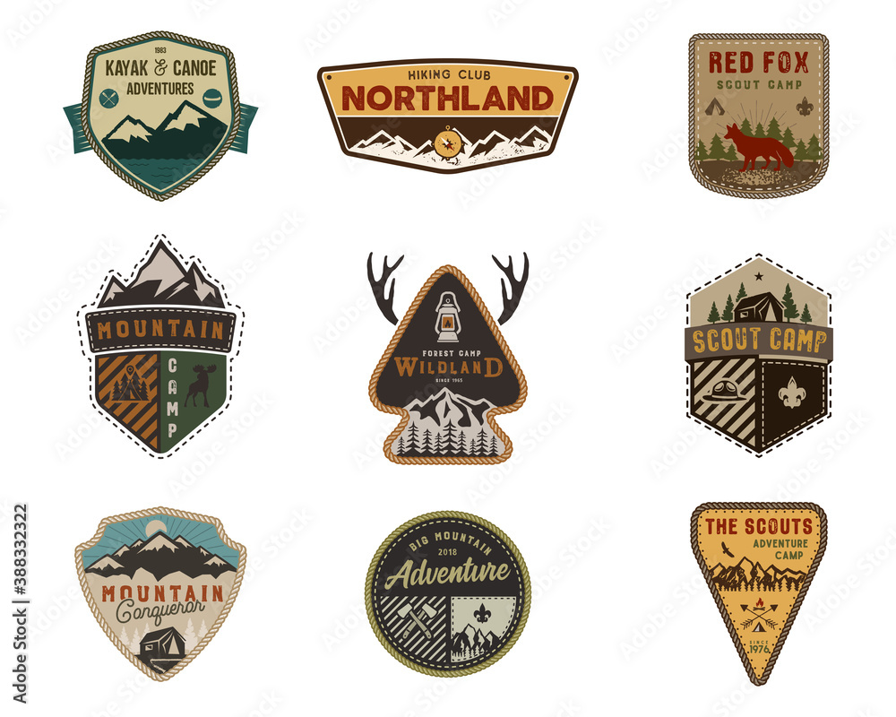 Traveling, outdoor badge collection. Scout camp emblem set. Vintage hand drawn design. Stock illustration, insignias, rustic patches. Isolated on white background
