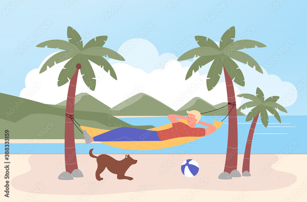 Relax in hammock vector illustration. Cartoon happy tourist man character relaxing on tropical island, lying in beach hammock between palm trees, beachside summer vacation rest, tourism background