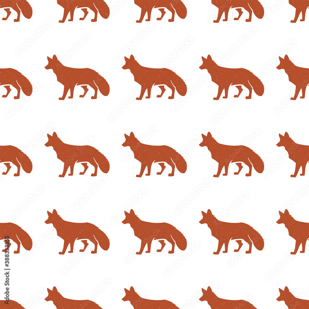 Obraz premium Red Fox pattern. Seamless background illustration with wild animal symbols, elements. Monochrome silhouette design. Stock seamless pattern isolated on white