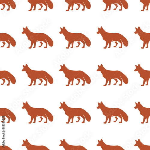 Red Fox pattern. Seamless background illustration with wild animal symbols  elements. Monochrome silhouette design. Stock seamless pattern isolated on white