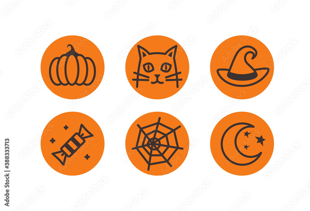 Halloween vector flat design icon set. Pumpkin, black cat, witches hat, candy, spider web, moon. Black signs on orange background