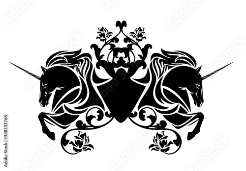 black and white vector silhouette design of medieval style fairy tale coat of arms with mythical unicorn horses and rose flowers