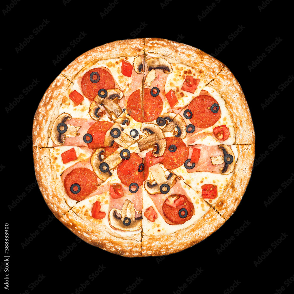 pizza on black background isolated with cheese, olives, sausage and mushrooms
