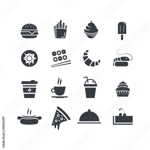 Food and drink icon set. Vector flat design web icons. Hamburger, hot dog, coffee, tea, ice cream, popsicle, French fries, donut, sushi, croissant, takeaway, slice of pizza, dish tray, cupcake.
