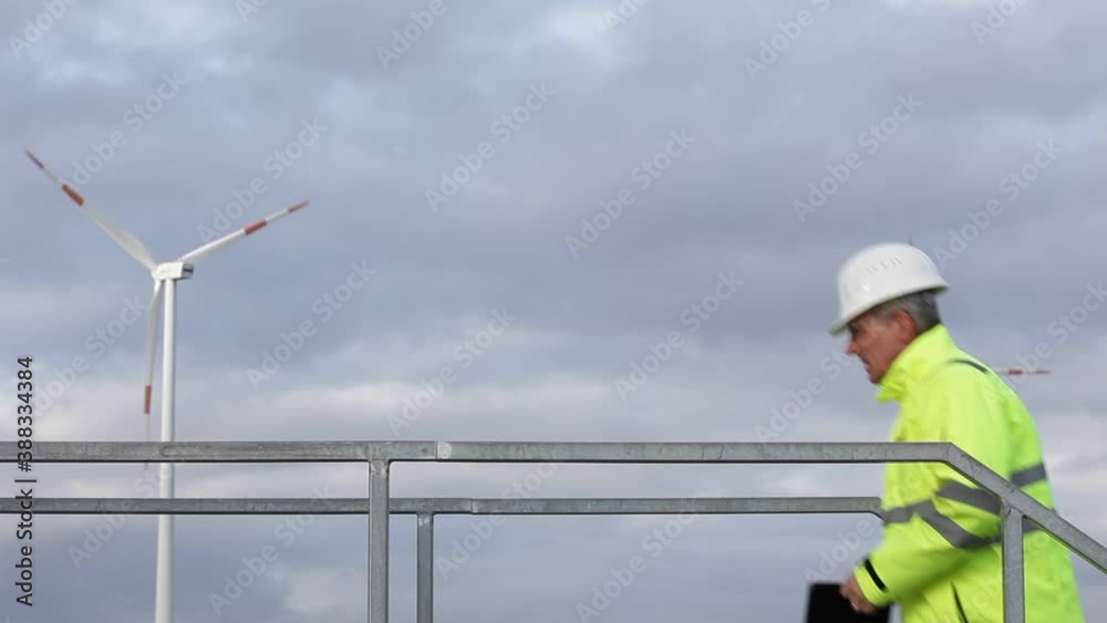 Engineer with protective workwear standing in front of wind turbines and looking at tablet