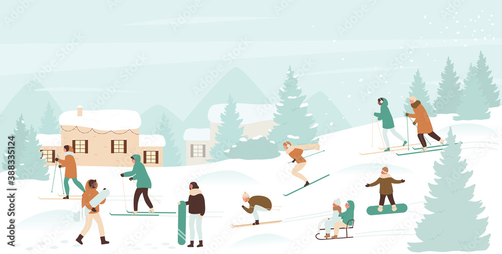 Winter sport activity vector illustration. Cartoon active ski and snowboard riders people have fun, man woman kid characters snowboarding, sledding and skiing in Christmas snow landscape background Winter sport activity vector illustration. Cartoon active ski and snowboard riders people have fun, man woman kid characters snowboarding, sledding and skiing in Christmas snow landscape background