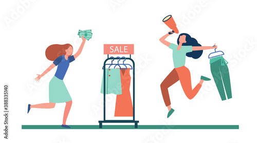 Blogger with megaphone advertising sale in fashion store. Customer running for shopping flat vector illustration. Consumerism, shopaholic concept for banner, website design or landing web page
