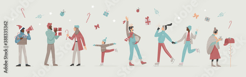 Happy people enjoy Christmas time vector illustration set. Cartoon active characters celebrate winter holidays with xmas gifts, sparklers and Christmas decorations, skate on ice rink background