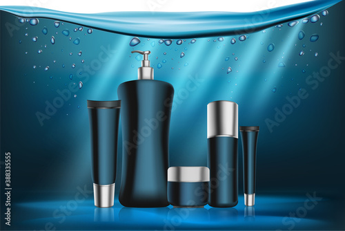Packing blue cosmetics series vector illustration. Hand, face and body care cosmetic products in realistic bottle containers, advertising cosmetology mockup template on water background with drops