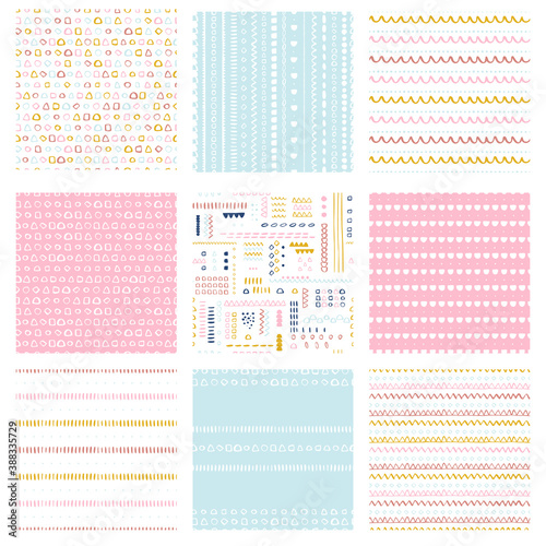 Vector seamless pattern pack Set of childish suface backgrounds Trendy customized colours Childhood hipster theme, scandinavian style geometric abstract pattern pack For printing on paper and fabric. 