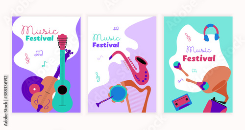 3 music poster. musical instrument illustration vector. Music concept. Creative bright invitation for musical events