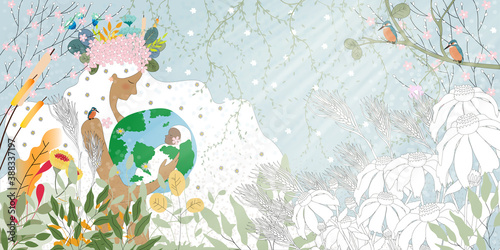 Mother earth day poster with hand holding new born baby lying in planet,Nature fo woman.Cartoon Vector Girl with wild natural forest and globe,World environment,Save the earth and Green day concept