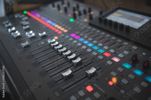 audio mixing console for event on stage used to modify audio for recording or broadcasting