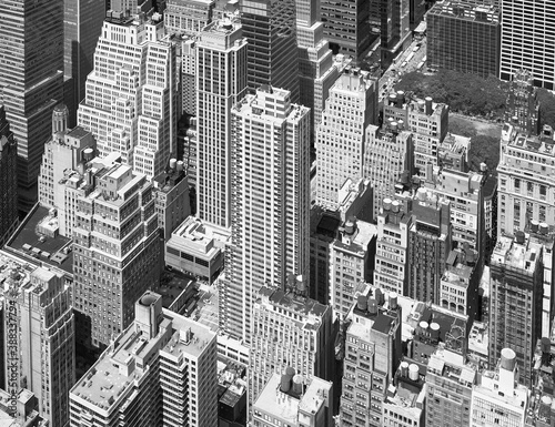 Black and white aerial picture of Manhattan  New York City  US.