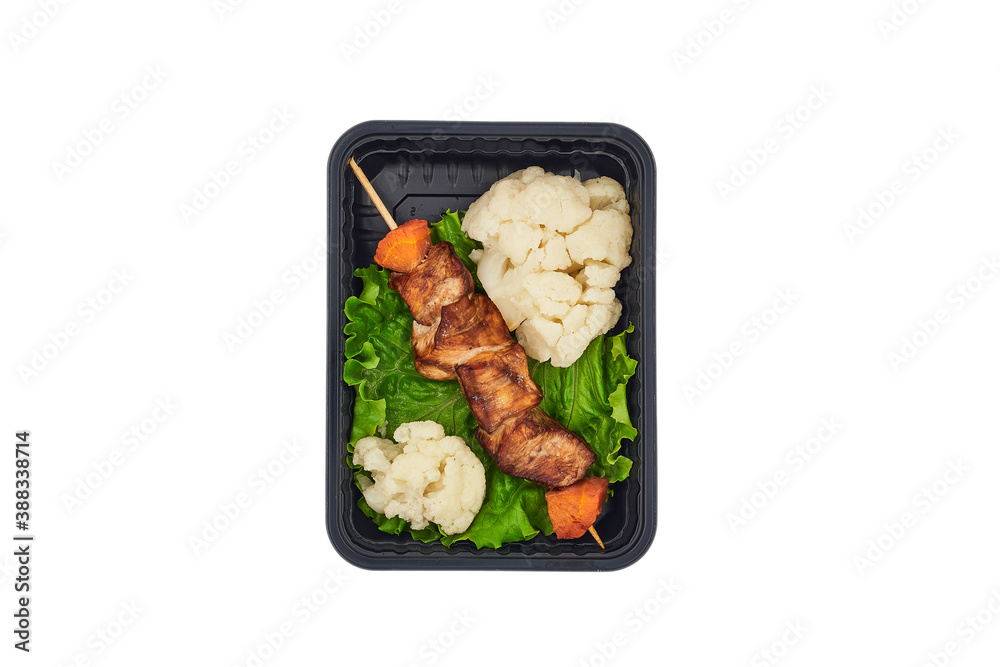 proper healthy diet
top view isolated white turkey skewer with cauliflower and lettuce
