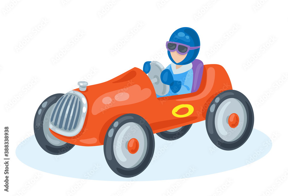 Kids toys. Red racing retro car. In cartoon style. Isolated on white background. Vector flat illustration. Kids toys. Red racing retro car. In cartoon style. Isolated on white background. Vector flat illustration.
