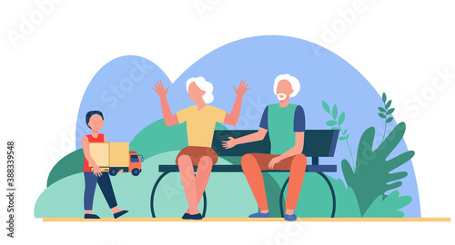 Senior couple looking after grandson outdoors. Boy carrying toy to grandparents flat vector illustration. Family, generation, grandchildren concept for banner, website design or landing web page