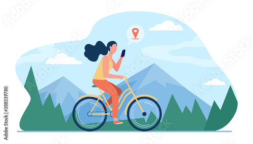 Woman riding bike by mountains. Girl cycling and consulting location app on cell flat vector illustration. Activity, path searching concept for banner, website design or landing web page