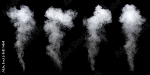Set of different clouds of smoke isolated on black background. Collection of varied white smoke.