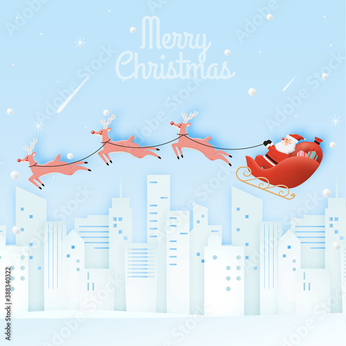 Santa claus on the sleigh with beautiful sky in paper art and pastel schenme photo