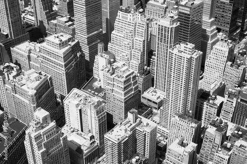 Black and white aerial picture of Manhattan, New York City, USA.