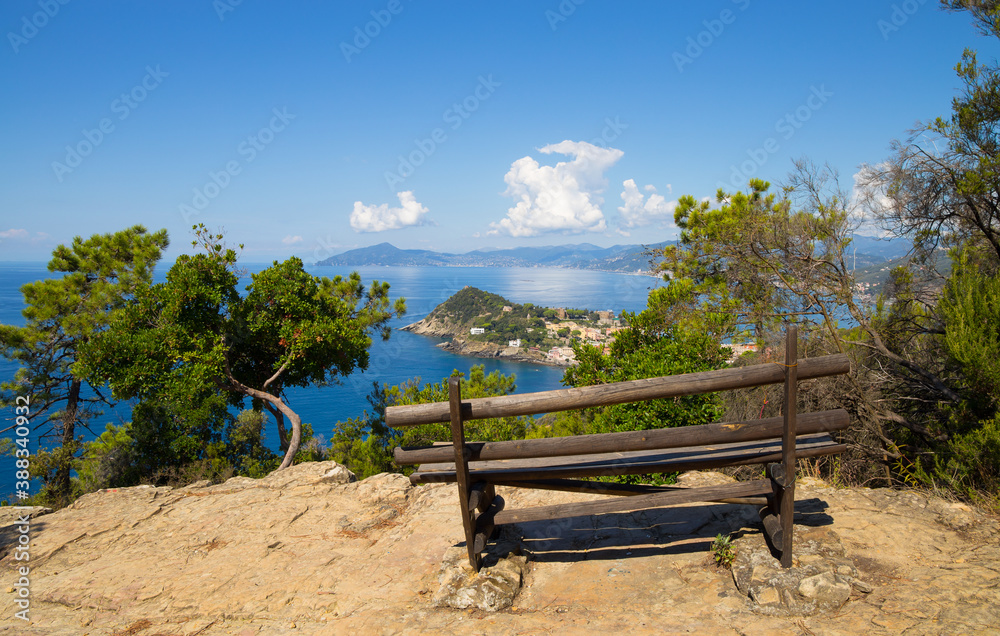 A wood bench on the pathway above the 