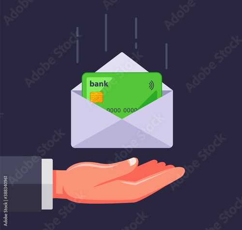 bank card in an envelope. receive a credit card by mail. flat vector illustration.