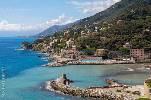 View of town of Recco and Ligurian coast, Genoa Province, Italy