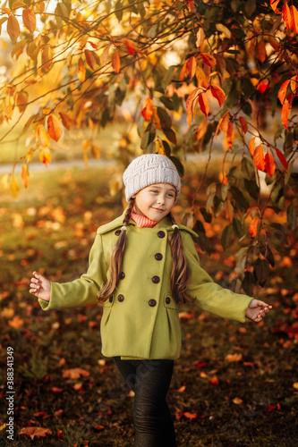 little girl on a background of orange autumn leaves. Autumn portrait