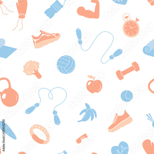 Sports and healthy lifestyle seamless pattern. Fitness sport flat equipment. Hand drawn blue and orange cartoon vector illustration