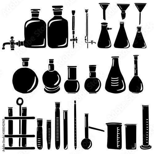 Set of silhouettes of laboratory glassware, flasks, test tubes, bottles, burettes, measuring glasses and cylinders, watering cans and pipette, laboratory research and experiments