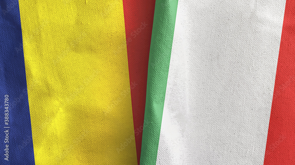 Italy and Chad two flags textile cloth 3D rendering