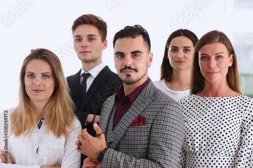 Group of smiling people stand in office looking in camera portrait. White collar power  mediation solution project  creative advisor participation  profession train  bank lawyer  client visit concept
