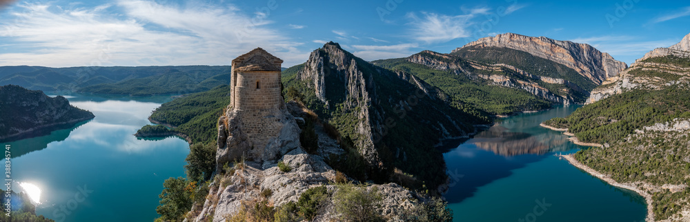 Panoramic View of Ermita de La Pertusa above the lake - Congost de Mont Rebei Panoramic View of Ermita de La Pertusa above the lake - Congost de Mont Rebei