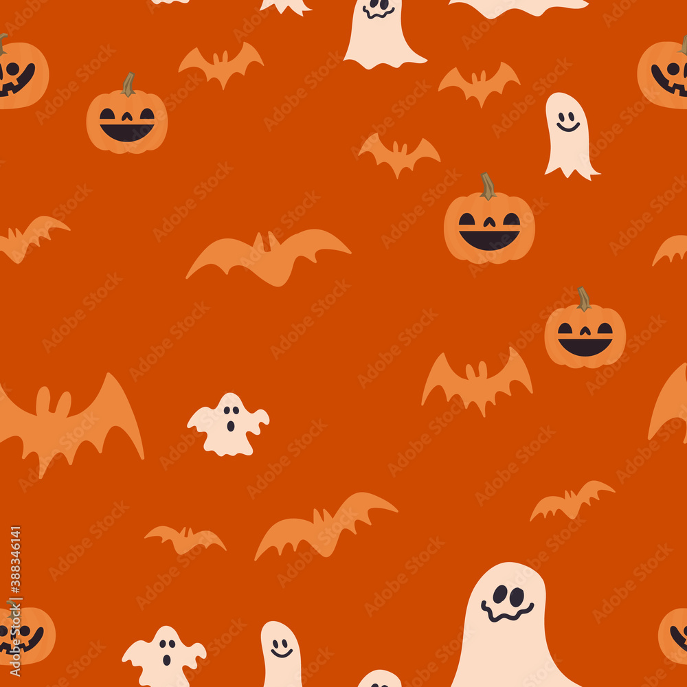 Halloween pumpkins, bats and ghosts seamless pattern. Cute illustrations background.