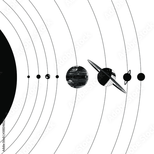 The solar system is black and white, creative. All planets and the sun with respect to size.