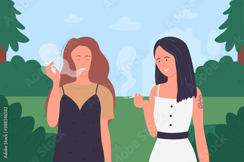 Girls smoke vector illustration. Cartoon young smoker woman friends group holding cigarettes, pretty funny female characters smoking tobacco or marijuana at summer green nature landscape background