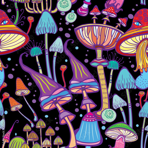 Seamless patterns with decorative mushrooms