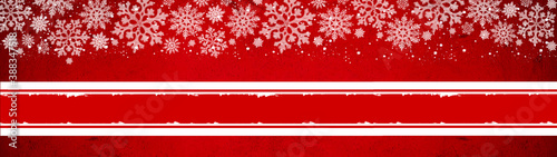 Festive winter / Christmas background panorama template greeting card - White ice crystals, snowflakes and empty banner isolated on abstract red texture, with space for text