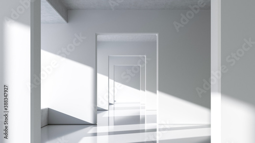 Abstract White Architecture Background. Bright clean interior. Empty open plan interior. 3d illustration