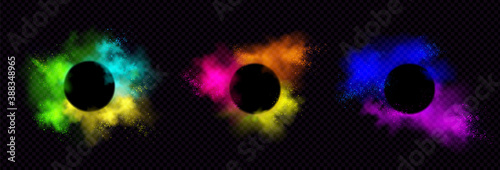 Powder Holi paints round frames colorful clouds or explosions, ink splashes, decorative vibrant dye borders isolated on black background, traditional indian holiday. Realistic 3d vector illustration