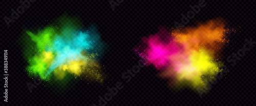 Explosions of color powder, paint dust with particles. Vector realistic set of colorful ink splashes, burst effect of powder clouds and spray isolated on transparent background