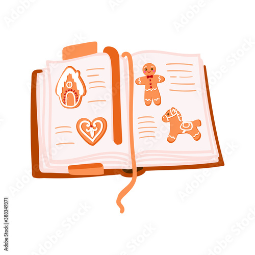 cookbook with gingerbread cookies on the white background