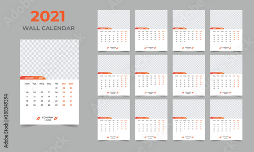  2021 Wall calendar design  Set of 12 Months  Week starts Monday 