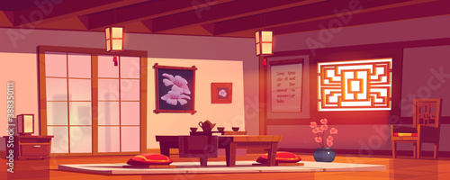 Asian restaurant, Chinese or Japanese cafe empty interior in traditional style with table served for tea ceremony, sakura flowers, low desk with pillows on floor, cafeteria cartoon vector illustration